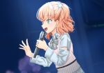  1girl amiz aqua_eyes blue_shirt blue_skirt bow bowtie collared_shirt commentary_request dutch_angle grey_bow grey_bowtie hair_ornament highres hinoshita_kaho holding holding_microphone long_sleeves looking_ahead love_live! love_live!_hasu_no_sora_jogakuin_school_idol_club medium_hair microphone orange_hair plaid_bow plaid_bowtie plaid_clothes plaid_skirt pleated_skirt rabbit_hair_ornament shirt skirt solo sweater_vest upper_body virtual_youtuber white_sweater_vest 