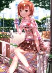  :o bench blush bow bracelet brown_eyes brown_hair buckle bush buttons clothes_writing cloud dappled_sunlight day fountain heart highres jewelry juice_box lamppost long_legs misaka_mikoto necklace pavement robot short_hair sitting skirt sky solo striped sunlight swordsouls to_aru_majutsu_no_index tree 