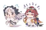  2girls azu_(kirara310) beni-enma beni-enma_(first_ascension) bird bird_hat black_bow black_eyes bow braid chibi collar dress fate/grand_order fate/strange_fake fate_(series) francesca_prelati_(fate) frilled_collar frills hair_bow hat japanese_clothes long_hair low_ponytail multiple_girls patterned_hair ponytail ringed_eyes sparrow spoon striped_clothes striped_dress sweat vertical-striped_clothes vertical-striped_dress white_hair wide_sleeves wooden_spoon 