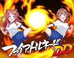  ahoge blue_eyes blue_shorts blush brown_eyes brown_hair gakuen_idolmaster hanami_saki hanami_ume highres idolmaster inazuma_eleven_(series) long_hair looking_at_viewer oorai_(asdathrtuj) open_mouth parody shirt short_shorts short_sleeves shorts siblings sisters smile track_uniform two_side_up white_shirt 