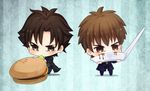  black_eyes black_hair brown_eyes brown_hair chibi eating emiya_kiritsugu fate/zero fate_(series) food hamburger kotomine_kirei mapo_doufu multiple_boys spoon tmkymg 