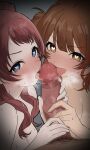  1boy 2girls absurdres blue_eyes blush breasts brown_eyes brown_hair censored commentary_request erection fellatio ffm_threesome gakuen_idolmaster group_sex hanami_saki hanami_ume heart heart-shaped_pupils hetero highres idolmaster kanzume_maguro licking licking_penis long_hair medium_breasts mosaic_censoring multiple_girls oral penis small_breasts symbol-shaped_pupils threesome 