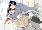  2boys ace_of_diamond basket black_hair black_male_underwear blush brown_eyes brown_hair closed_eyes closed_mouth commentary_request embarrassed grey_jacket grey_pants grin holding holding_basket hood hood_down hooded_jacket hug jacket lahuahua laundry_basket male_focus male_underwear miyuki_kazuya multiple_boys one_eye_closed open_clothes open_jacket open_mouth pants sawamura_eijun smile underwear unworn_male_underwear yaoi 