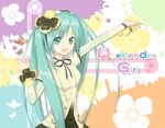  bug butterfly copyright_name flower green_eyes green_hair hatsune_miku insect long_hair open_mouth outstretched_arm pansy reiya solo twintails vocaloid weekender_girl_(vocaloid) 