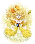  adapted_costume blonde_hair choker cure_pine diamond_(shape) dress earrings flower fresh_precure! hair_ornament hair_ribbon jewelry lipstick magical_girl makeup nashe_taneru open_mouth orange_flower orange_rose precure ribbon rose short_hair smile solo wand wrist_cuffs yamabuki_inori yellow_eyes 