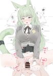  1boy 1girl animal_ear_fluff animal_ears arknights bar_censor black_ribbon black_skirt blush breasts cardigan cat_ears cat_girl cat_tail censored clothed_sex clothes_lift clothing_aside collared_shirt commentary dr38ttler feet_out_of_frame female_pubic_hair furrowed_brow green_eyes green_hair green_tail grey_cardigan harmonie_(arknights) hetero highres holding_another's_wrist infection_monitor_(arknights) long_hair looking_at_viewer lying medium_breasts miniskirt mismatched_pubic_hair missionary motion_lines neck_ribbon on_back on_bed open_mouth panties panties_aside penis pillow pink_panties pleated_skirt pov pubic_hair pussy ribbon shirt simple_background skirt skirt_lift solo_focus sound_effects speech_bubble split spread_legs tail tail_ornament tail_ring translated trembling underwear vaginal white_background white_shirt wide_spread_legs wing_collar 