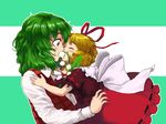  blonde_hair blush flower green_hair hair_ribbon kazami_yuuka kihou_kanshouzai kiss lily_of_the_valley medicine_melancholy multiple_girls plaid plaid_vest red_eyes ribbon short_hair su-san sweatdrop touhou upper_body vest yuri 