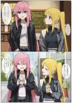  2girls absurdres ahoge blonde_hair blue_eyes bocchi_the_rock! breasts brown_eyes coat gotoh_hitori highres ijichi_nijika jacket long_hair medium_breasts midriff_peek multiple_girls navel open_mouth pink_hair seisyuntarotto side_ponytail single_off_shoulder speech_bubble stomach very_long_hair 