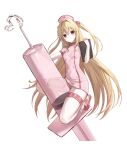  1girl absurdres aco_(aco_7313) alternate_costume blonde_hair blush breasts cameltoe commentary covered_navel dress dutch_angle eyes_visible_through_hair floating_hair full_body hair_between_eyes hair_intakes hand_up hat highres holding holding_notepad konjiki_no_yami large_syringe long_hair looking_at_viewer no_socks notepad nurse nurse_cap on_one_knee oversized_object panties parted_lips pink_dress pink_shoes red_eyes shoes short_dress short_sleeves sidelighting sidelocks simple_background small_breasts solo straight_hair syringe thigh_press thigh_strap thighs to_love-ru two_side_up underwear very_long_hair white_background white_panties 