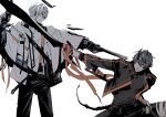  2boys aiming ammunition arknights bag bandaged_leg bandages bandolier belt belt_buckle black_belt black_gloves black_hair black_halo black_jacket black_pants black_shirt black_tail black_wings buckle capelet cloak closed_mouth collared_jacket commentary_request demon_boy demon_horns demon_tail detached_wings dual_wielding duel earpiece executor_(arknights) fighting_stance fingerless_gloves fist_bump flamebringer_(arknights) gloves grey_hair gun hair_between_eyes halo handgun holding holding_gun holding_sword holding_weapon horns id_card jacket katana long_sleeves looking_at_another looking_to_the_side male_focus material_growth mechanical_halo mechanical_wings multiple_boys on_one_knee open_clothes open_jacket oripathy_lesion_(arknights) pants parted_lips ribbon scabbard serious sheath sheathed shirt short_hair shotgun shotgun_shell shoulder_bag shoulder_strap simple_background single_horn squatting standing strap sword tail toned toned_male toriyoshi turtleneck unsheathing weapon white_background white_hair white_jacket white_shirt wings 