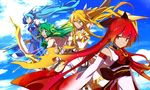  bare_shoulders blonde_hair blue_eyes blue_hair bow_(weapon) choker cloud detached_sleeves dress green_eyes green_hair gumi hair_ribbon haru_aki hatsune_miku lily_(vocaloid) liquid_hair long_hair multiple_girls nekomura_iroha red_eyes red_hair ribbon sky twintails vocaloid weapon wide_sleeves 