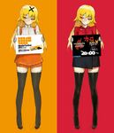  :&lt; ashikaga_chachamaru black_legwear blonde_hair head_tilt highres holding holding_sign long_hair namaniku_atk nitroplus nitroplus_card_masters orange_background orange_eyes red_background sign skirt soukou_akki_muramasa standing thighhighs wonder_festival wonder_festival_2013 