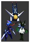  absurdres animal_hands archaludon arm_blade armor berry_(pokemon) blade_arm ceruledge choice_scarf claws colored_sclera colored_teeth eye_trail fire flaming_eyes focus_sash green_fur grey_background helmet highres light_trail meowscarada metal_skin pink_eyes pokemon pokemon_(creature) pokemon_focus purple_armor purple_eyes purple_fire purple_helmet red_teeth saiku_(zvlku) sitrus_berry standing weapon yellow_sclera 
