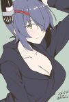  1girl artist_name black_sweater breasts cleavage commentary_request dated drawstring eyepatch grey_background grey_hair hair_over_one_eye headgear hood hooded_sweater kantai_collection large_breasts simple_background solo sweater taira_yuuki tenryuu_(kancolle) upper_body yellow_eyes 