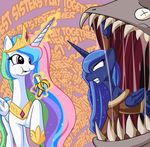  absurd_res banana blue_hair bottomless clothing crossover crown del_lago eating equine female feral fish friendship_is_magic fruit glowing green_eyes hair hi_res horn horse levitation magic mammal marine multi-colored_hair my_little_pony pony princess princess_celestia_(mlp) princess_luna_(mlp) purple_eyes resident_evil resident_evil_4 royalty seiryuga sharp_teeth teeth tiara vest winged_unicorn wings 