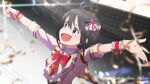  1girl :d absurdres aco_(bearchannel) antenna_hair artist_name black_bow black_hair blurry blurry_background bow breasts character_name commentary_request frlled_wrist_cu gold_trim grey_eyes hair_bow happy_birthday highres holding holding_microphone idol idolmaster kikuchi_makoto medium_hair messy_hair microphone open_mouth outstretched_arms shirt short_sleeves small_breasts smile solo spread_arms stage twitter_username upper_body watermark white_shirt 