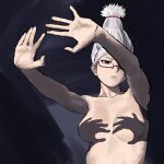  1girl ayase_seiko beehive_hairdo breasts brown_eyes collarbone commentary dandadan glasses hair_tie hand_shadow_covering_breasts_(meme) highres looking_at_viewer mature_female meme outstretched_arms red-framed_eyewear ryuw-ya semi-rimless_eyewear shadow solo topless_female under-rim_eyewear upper_body white_hair 