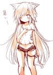  akane_(naomi) animal_ears blonde_hair blush child eye_closed fox_ears japanese long_hair looking_at_viewer monochrome naomi_(sekai_no_hate_no_kissaten) navel off_shoulder one_eye_closed open_mouth original short_shorts shorts simple_background sleeveless solo standing sweat text very_long_hair white_background wink 