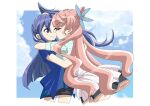  2girls aqua_shirt blue_hair blue_shirt blue_sky blunt_ends blush border butterfly_hair_ornament closed_eyes closed_mouth cloud cropped_legs double-parted_bangs floating_hair hair_between_eyes hair_ears hair_ornament high_side_ponytail hug kazanari_tsubasa kiss kissing_cheek long_hair maria_cadenzavna_eve multiple_girls outside_border pink_hair purple_hair senki_zesshou_symphogear shirt short_sleeves side_ponytail sky smile tomosoraaki upper_body very_long_hair wavy_sidelocks white_border 