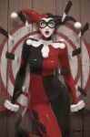  1girl absurdres black_bodysuit blue_eyes bodysuit commentary dc_animated_universe dc_comics domino_mask english_commentary eye_mask harley_quinn harley_quinn_(classic) hat highres jee-hyung_lee jester_cap knife looking_at_viewer mask multicolored_bodysuit open_mouth skin_tight solo standing target thigh_gap two-tone_bodysuit upper_body white_bodysuit white_wrist_cuffs wrist_cuffs 