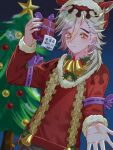  1boy 2025 bell blonde_hair christmas christmas_ornaments christmas_sweater christmas_tree closed_mouth demon demon_boy douma_(kimetsu_no_yaiba) gift jewelry kimetsu_no_yaiba multicolored_eyes necklace rainbow_eyes smile symbol-shaped_pupils tepika-san 