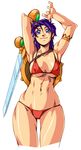  arikawa armpits athena_(series) bikini blue_eyes breasts covered_nipples large_breasts muscle princess_athena purple_hair red_bikini shield snk solo swimsuit sword weapon wide_hips 