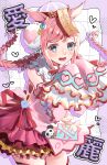  1girl agnes_digital_(lovely_jiangshi)_(umamusume) agnes_digital_(umamusume) animal_ears blue_eyes blush braid bun_cover commentary_request detached_sleeves double_bun dress hair_bun hat heart highres horse_ears horse_girl horse_tail jiangshi jiangshi_costume long_hair long_sleeves looking_at_viewer metaninjin official_alternate_costume ofuda open_mouth pink_dress pink_hair pink_sleeves qingdai_guanmao sleeves_past_fingers sleeves_past_wrists smile solo tail talisman thighhighs twin_braids umamusume white_thighhighs 
