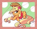  amber_eyes apple_bloom_(mlp) applejack_(mlp) blonde_hair bow cowboy_hat cub cutie_mark duo equine famosity female feral freckles friendship_is_magic green_eyes hair hat horse lying mammal my_little_pony one_eye_closed pony red_hair sibling sisters wheat wink young 