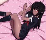  bed black_hair black_legwear blush dark_skin elf kneehighs long_hair looking_at_viewer lying nyamota on_side original pointy_ears polka_dot red_eyes school_uniform skirt smile solo 