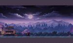  banner black_sky bowl cherry_blossoms forest full_moon game_asset highres izakaya lantern letterboxed moon nature night no_humans official_art oil-paper_umbrella outdoors paper_lantern purple_umbrella rope scenery shimenawa sky third-party_source touhou touhou_arcadia_record tree umbrella 