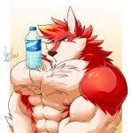  anthro body_hair canine chest_hair daikitei fur male mammal muscular muscular_male nude pecs simple_background solo water_bottle 