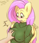  anthrofied big_breasts blush breast_grab breasts clothing duo equine female fluttershy_(mlp) friendship_is_magic fur garam green_eyes hair horse long_hair mammal my_little_pony open_mouth pegasus pink_hair plain_background pony sweat tongue wings yellow_fur 