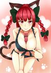  animal_ears between_breasts bikini bikini_pull bow braid breasts cat_ears front-tie_top gift gift_between_breasts heart heart_tail highres kaenbyou_rin kusahagane large_breasts leaning_forward pulled_by_self red_eyes red_hair side-tie_bikini smile solo swimsuit tail touhou twin_braids twintails 