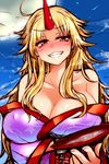  alternate_costume bare_shoulders blonde_hair blush breasts cleavage collarbone cuffs cup full_moon grin highres horn horns hoshiguma_yuugi japanese_clothes kimono large_breasts long_hair looking_at_viewer moon off_shoulder red_eyes roki_(hirokix) sakazuki shackles smile solo sweat teeth touhou upper_body 