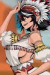  1girl alternate_costume blurry blurry_background breasts hand_on_own_hip highres kijin_seija kinoshii-shroom large_breasts looking_at_viewer multicolored_hair pointy_ears red_eyes sideboob slit_pupils solo touhou tribal 