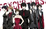  4boys bad_id bad_pixiv_id bare_shoulders black_dress black_hair black_neckwear bob_cut brown_eyes brown_hair cigar dominator_(gun) dress everyone finger_on_trigger formal ginoza_nobuchika glasses grey_neckwear gun hair_ornament hairclip hand_in_pocket hand_on_hip hands_in_pockets jewelry kagari_shuusei kougami_shin'ya kunizuka_yayoi long_hair masaoka_tomomi multiple_boys multiple_girls necklace necktie ponytail psycho-pass red_dress red_neckwear rontaso short_hair suit tsunemori_akane weapon 