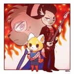  accessory aggretsuko ailurid anthro bass_guitar black_clothing blue_clothing blue_dress brother_(lore) brothers_(lore) brown_body brown_fur clothed clothed_anthro clothed_female clothed_male clothing dress election eyewear female fingers fire fire_background footwear fur glasses group guitar haida_(aggretsuko) hyena jacket jiro_haida_(aggretsuko) koma_kobako leather leather_clothing male mammal musical_instrument necktie netflix orange_body orange_fur orange_tail plucked_string_instrument politics red_panda retsuko sanrio shirt sibling_(lore) spotted_hyena stare string_instrument suit t-shirt tail topwear trio wearing_glasses 