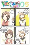  1girl 4koma blonde_hair blue_eyes breasts brown_eyes brown_hair catstudioinc_(punepuni) comic cosplay crossdressing highres kagamine_len kagamine_rin kagamine_rin_(cosplay) left-to-right_manga medium_breasts meiko otoko_no_ko thai translated vocaloid 