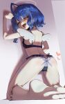  1girl absurdres ahoge amamiya_kokoro angel angel_wings ass blue_hair breasts commentary_request feet from_behind groin_tendon halo heavy_breathing highres kneeling lace lace_panties lingerie looking_at_viewer looking_back lunch_boxer mini_wings naughty_face nijisanji panties small_breasts socks soles solo sweat thong toes underwear virtual_youtuber wings yellow_eyes 