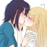  2girls absurdres ahoge black_hair blush bracelet cho_kaguya-hime! commentary green_eyes hand_on_another's_cheek hand_on_another's_face hand_on_another's_shoulder heart heart_ahoge highres jewelry kaguya_(cho_kaguya-hime!) kiss kiss_day long_hair medium_hair multiple_girls sakayori_iroha simple_background upper_body white_background xp0p0p0x yuri 