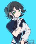  1girl black_gloves black_hair black_shirt blue_background closed_mouth commentary cosplay deepness_(love_live!) gloves green_eyes highres holding holding_microphone looking_at_viewer love_live! love_live!_hasu_no_sora_jogakuin_school_idol_club microphone momose_ginko nogreen otomune_kozue otomune_kozue_(cosplay) partially_fingerless_gloves shirt shrug_(clothing) simple_background single_glove single_sleeve solo two_side_up upper_body v-shaped_eyebrows virtual_youtuber white_shrug 