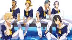 6+boys absurdres aco_(bearchannel) agil agil_(sao-alo) artist_name bald bandana bercouli_(sao) between_legs blue_eyes blue_shirt blue_shoes brown_hair commentary_request cropped_shirt dark-skinned_male dark_skin eldrie_(sao) eugeo facial_hair grin hand_between_own_legs hand_up hat highres in_water kirito klein_(sao) klein_(sao-alo) looking_at_viewer male_focus matching_outfits messy_hair multiple_boys neckerchief on_rock pants pointy_ears sailor sailor_collar sailor_hat shirt shoes short_sleeves simple_background sitting smile stubble suspender_pants sword_art_online sword_art_online:_alicization too_many_watermarks twitter_username watermark white_background white_hat white_pants white_sailor_collar yellow_bandana yellow_neckerchief 