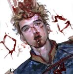  1boy blonde_hair blood blood_on_face bodysuit brain defeat exposed_brain highres homelander male_focus ohhopao solo superhero_costume the_boys 