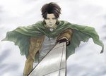  ascot black_eyes black_hair cape chao jacket jitome levi_(shingeki_no_kyojin) male_focus paradis_military_uniform shingeki_no_kyojin solo sword weapon 