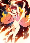  absurdres armpits arms_up bare_legs bare_shoulders barefoot bottomless convenient_censoring fire gauntlets groin highres kantoku long_hair magical_suite_prism_nana navel red_eyes red_hair scan slim_legs solo thigh_gap washioka_itaru 