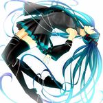  aqua_hair boots closed_eyes detached_sleeves hatsune_miku long_hair necktie ringomonaka skirt solo thigh_boots thighhighs twintails very_long_hair vocaloid white_background 