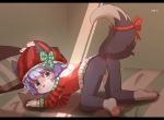  2018 all_fours anthro auvere bed big_eyes big_head blue_hair blush bottomless butt christmas claws clothed clothing cub digital_media_(artwork) female flat_chested fur hair hi_res holidays kneeling kneeling_down looking_at_viewer mammal nude on_bed partially_clothed pawpads paws petal_(petal11) presenting presenting_pussy pussy ribbons smile solo young 