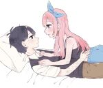  1boy 1girl antenna_hair aubrey_(faraway)_(omori) aubrey_(omori) black_eyes black_hair black_sweater_vest black_undershirt blue_bike_shorts blue_eyes blush bow_hairband bright_pupils closed_mouth collared_shirt double-parted_bangs hair_behind_ear hair_between_eyes hairband haruyama_sub holding long_hair lying_on_person omori on_bed open_mouth pillow pink_hair shirt short_hair short_sleeves shorts smile sunny_(omori) sweater_vest white_pupils white_shirt 