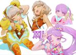  3girls :d :p absurdres angry animal_ears animal_hands arm_up bare_shoulders blonde_hair blunt_bangs blush_stickers boots bow bowtie breasts brown_dress cardigan choker cropped_torso detached_sleeves dot_nose dress fake_animal_ears floating_hair from_above from_below gloves green_scrunchie hair_bow hair_ornament hair_scrunchie hand_up high_ponytail highres holding holding_microphone hvvvzzz idol idol_clothes kneeling legs_apart light_blush long_hair looking_at_viewer manaka_non manaka_non_(normal) microphone multiple_girls multiple_views neckerchief no_pupils on_ground one_eye_closed one_side_up orange_shirt orange_thighhighs paprika_private_academy_school_uniform parted_bangs paw_gloves pink_bow pink_bowtie pink_cardigan pink_neckerchief pink_scrunchie pink_shirt pink_sleeves polka_dot polka_dot_bow polka_dot_bowtie polka_dot_scrunchie polka_dot_shirt polka_dot_sleeves ponytail pout pretty_series pripara puffy_cheeks purple_eyes purple_hair sailor_collar sanpaku school_uniform scrunchie shirt short_dress short_hair short_sleeves sidelocks simple_background sleeveless sleeveless_dress sleeveless_shirt sleeves_past_fingers sleeves_past_wrists small_breasts smile solid_circle_eyes straight-on straight_hair symbol-shaped_pupils taiyo_pepper tareme teeth thighhighs tongue tongue_out triangle-shaped_pupils tsukikawa_chili tsukikawa_chili_(normal) two-tone_dress upper_body upper_teeth_only v v-shaped_eyebrows v_over_head very_long_hair wavy_hair white_background white_choker white_sailor_collar wrist_scrunchie yellow_boots yellow_bow yellow_dress yellow_eyes yellow_gloves 
