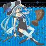  alternate_costume aoki_reika bandages black_dress blue blue_background blue_eyes blue_hair boots broom cure_beauty dress hair_tubes hat jewelry kasetsu knee_boots long_hair magical_girl necklace precure ribbon silk smile_precure! solo spider_web thighhighs witch witch_hat wrist_cuffs 